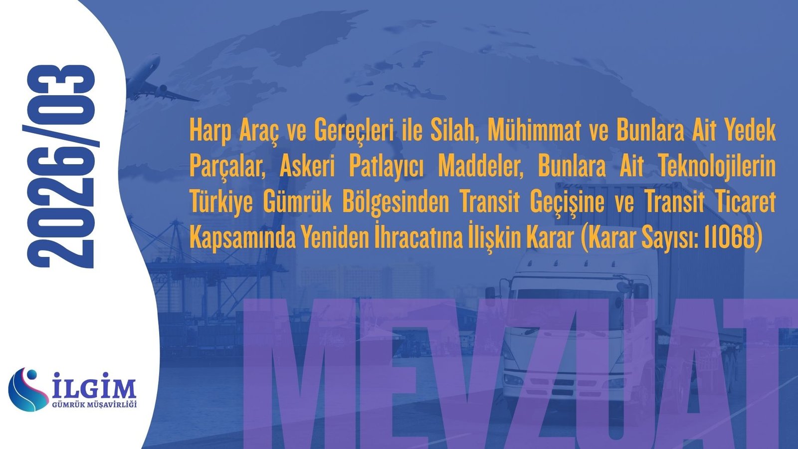 Harp Araç ve Gereçleri ile Silah, Mühimmat ve Bunlara Ait Yedek Parçalar, Askeri Patlayıcı Maddeler, Bunlara Ait Teknolojilerin Türkiye Gümrük Bölgesinden Transit Geçişine ve Transit Ticaret Kapsamında Yeniden İhracatına İlişkin Karar (Karar Sayısı: 11068)